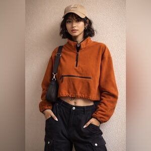 TICTOC WARM LONG SLEEVE 1/2 ZIPPER JACKET. RUST W BLACK TRIM SZ: S LONG SLEEVES